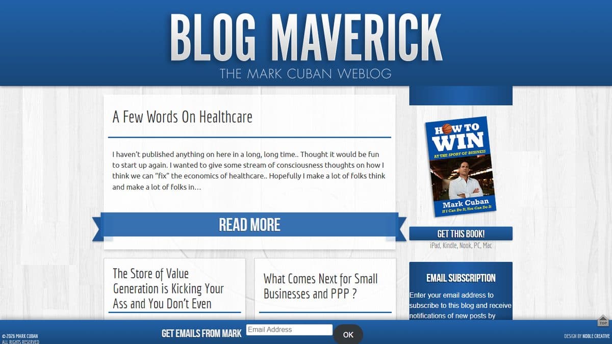 The homepage of blogmaverick.com, Mark Cuban’s personal website